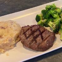Sirloin Steak · Our hand-cut sirloin steak served with garlic mashed potatoes and Italian broccoli.