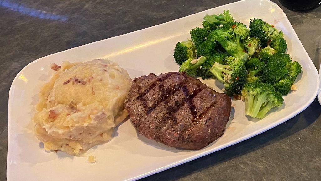 Sirloin Steak · Our hand-cut sirloin steak served with garlic mashed potatoes and Italian broccoli.