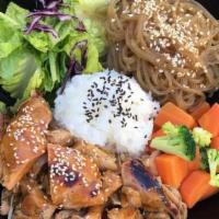 Teriyaki Chicken · Steamed rice, sweet potato noodles, lettuce, veggie medley, yummy sauce