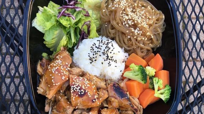 Teriyaki Chicken · Steamed rice, sweet potato noodles, lettuce, veggie medley, yummy sauce