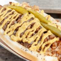 Pastrami Dog · Vienna beef natural served with onions, sport peppers and mustard on a poppy seed roll.