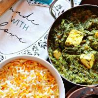 Palak Paneer · Delicate cubes of paneer cheese simmered in a creamy spinach and garlic-onion sauce. Served ...