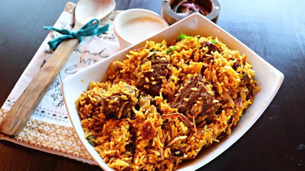 Lamb Biryani · A medley of aromatic basmati rice, layered with herbs & roasted spices and slow cooked until beautifully fragrant.