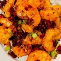 Spicy & Savory Jumbo Shrimp[10] 香辣大虾 · Jumbo shrimp, Sichuan peppercorn, dry chili, green onions, serve with steamed white rice