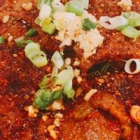Spicy Poached Beef 水煮牛 · Beef, ginger, garlic, napa cabbage, green onions, Sichuan peppercorn, MEDIUM spicy, serve wi...