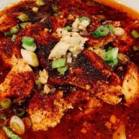 Spicy Poached Chicken 水煮鸡 · Chicken white meat, ginger, garlic, napa cabbage, green onions, Sichuan peppercorn, MEDIUM s...