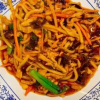Spicy Garlic Pork 鱼香肉丝 · Pork, ginger, garlic, bamboo strips, shredded woodear mushroom, carrots, green onions,  MILD...