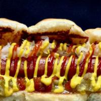 The Astrodog! · Our classic All-Beef hot dog topped with Ketchup, Yellow Mustard, Relish, and Kraut!  Fries ...