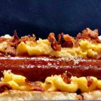 Mac & Cheese Dog · Our All-Beef hot dog LOADED with 4 Cheese Mac, Bacon Crumble, and toasted Garlic Buttercrumb...
