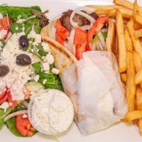 Beef Gyro · With lettuce, Tomato, Onions & Peppers In A Pita, Served With Cucumber Sauce, French Fries A...
