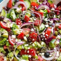 Greek Salad Getaway · This delicious Greek salad consists of fresh romaine lettuce, minced juicy tomatoes and kala...