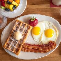 Breakfast Combo · eggs / choice of breakfast meat/pancakes, 1/2 waffle or slice of French toast