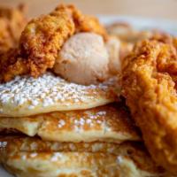 Chicken & Pancakes · spiced maple bourbon butter / powdered sugar / home fries