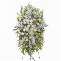 All White Standing Spray · Includes:Easel Stand, Large Wet Floral Foam Cage, Foliage: Teepee, Leather Leaf, White Gladi...