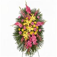 Enduring Love Standing Spray · Includes:Easel Stand, Large Wet Floral Foam Cage, Foliage: Teepee, Springeri, Variegated Pit...