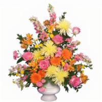 Twilight Serenity · Includes:Acrylic Urn Container,  foliage: Huckleberry, Salal,   Yellow Spider Fuji Mums,   O...