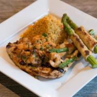 Grilled Chicken · shrimp, sweet toasty garlic, chipotle peppers, cajun spices, red rice, sautéed vegetables