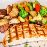 Grilled Salmon · Char-broiled. Roasted red potatoes, seasonal vegetable medley, lemon vinaigrette.