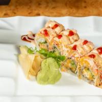 Burning Desire Roll · Spicy crunch shrimp, avocado, jalapeno inside, spicy crab, spicy mayo, crunch, tobiko & chil...