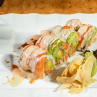 Naughty Girl · Crunch spicy salmon topped with salmon, avocado & spicy wasabi mayonnaise sauce.