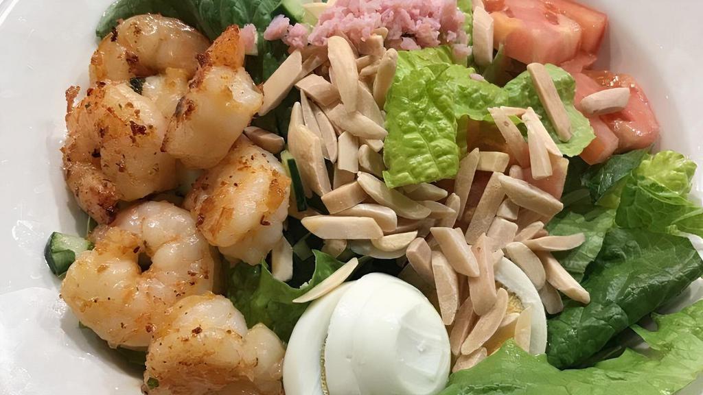 House Salad · Topped with egg, cucumber, tomato, toasted almond. Choice of Ranch, Balsamic or Honey Mustard. Add Shrimp for an additional price.