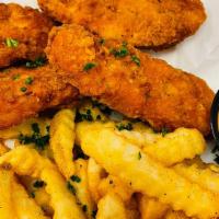 Chicken Tenders · Double battered, house seasoned and fry crispy, Served with crinkle cut fries, and house fry...