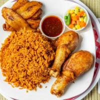 Jollof Rice · Comes with Choice of Protein and fried plantain.