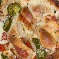 Garlic Pizza Knot Pizza · Garlic knot pizza with pepperoni and jalapenos.