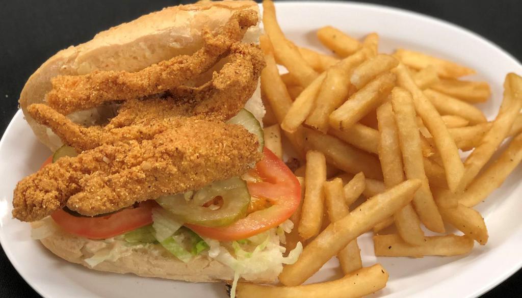Fried Catfish Po-Boy · Served on Leidenheimer bread & dressed (Lettuce, tomato, pickles, and remoulade) with Fries (substitute gumbo for additional charge)