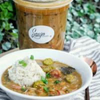 Chicken & Andouille Sausage Gumbo For Two (R2He) · 2 lbs of Sawyer signature gumbo with cornbread muffins and rice.  We all know Gumbo tastes b...
