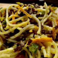 Beef Bolognese · Asparagus, carrots, peaches, green pepper, beef, and pasta.