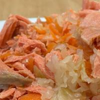 Salmon With Sauerkraut · Certified organic salmon fish, carrots, and boiled vegetables.