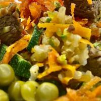 Veggie Mix · Cucumbers, broccoli, asparagus, celery, zucchini, green pepper, peas, carrots, chopped lamb,...