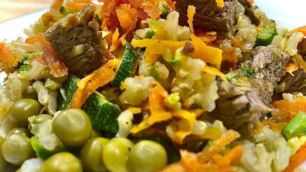 Veggie Mix · Cucumbers, broccoli, asparagus, celery, zucchini, green pepper, peas, carrots, chopped lamb, and brown rice.
