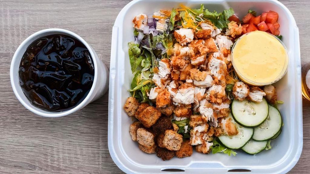 Chicken Salad · Our fresh salad served with choice of fried or grilled chicken, tomatoes, onions, cucumbers,cheese and croutons.