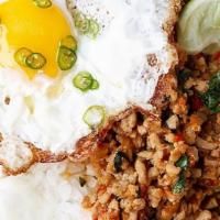 Basil Chicken · ground chicken, fried egg, white rice, thai basil