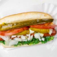Bulldog · Chicago Style Hot Dog, Tomato, Pickle, Mustard, Onion, Relish, Sport Peppers, and Celery Salt.