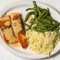 Asian Ginger Salmon · Char-grilled salmon topped with our signature sesame ginger sauce. Served with rice and vege...