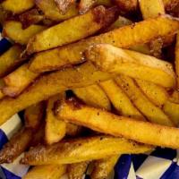 Hand Cut Fries · Hand cut, fried crispy, tossed in our house seasoning blend.