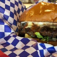 Red, White & Bleu Burger · One third pound all beef patty on a soft portuguese sweet bun, pickles, sweet yellow onion, ...