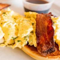 Paris Texas Pancakes · Scrambled eggs, crispy bacon with spicy maple syrup.
