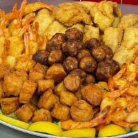 Seafood Combo Platter · Includes three pieces fish, three fried shrimp, three scallops, and three spiced shrimp. Fri...