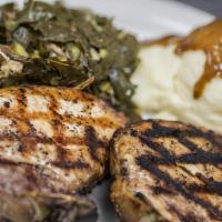 Charbroiled Pork Chops Center Cut (2 Pcs) · Pork chops charbroiled to perfection. Served with breadsticks and 2 sides.