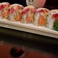 Cherry Blossom · Spicy crab, avocado, top with tuna, spicy mayo and wasabi sauce.
