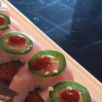 Fire Roll · Shrimp tempura, avocado, top with seared salmon Spicy mayo, eel sauce serve on fire.