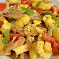 Yaad Man Ackee And Saltfish · Served with your choice of fried dumpling, boiled dumpling, boiled banana,  boiled yam, ripe...
