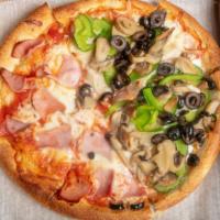Small Veggie Pizza · Onions, peppers, mushrooms, olives and a mixture of mozzarella and cheddar cheese.