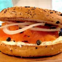 Lox Deluxe · Smoked salmon, onion, capers and cream cheese on a toasted a bagel.