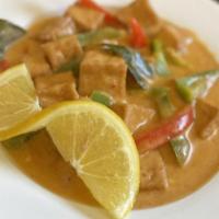 Red Curry (Gf) · Classic thai red curry with coconut milk, bamboo shoots, red bell pepper, jalapeno, and basi...