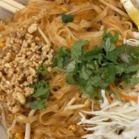 Pad Thai (Gf) · Thai famous stir-fried noodle with choice of meat, egg, bean sprouts, green onions, cilantro...